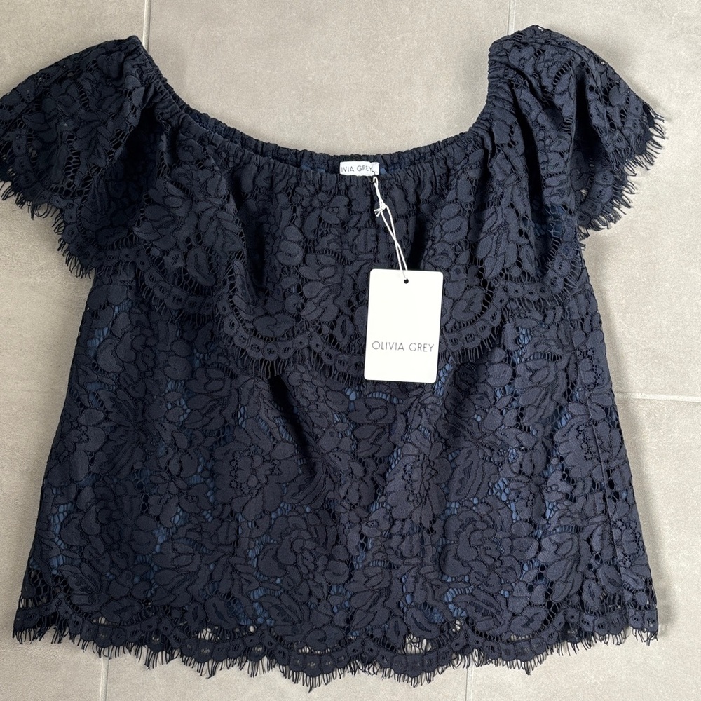 Olivia Grey Navy Blue Lace Top